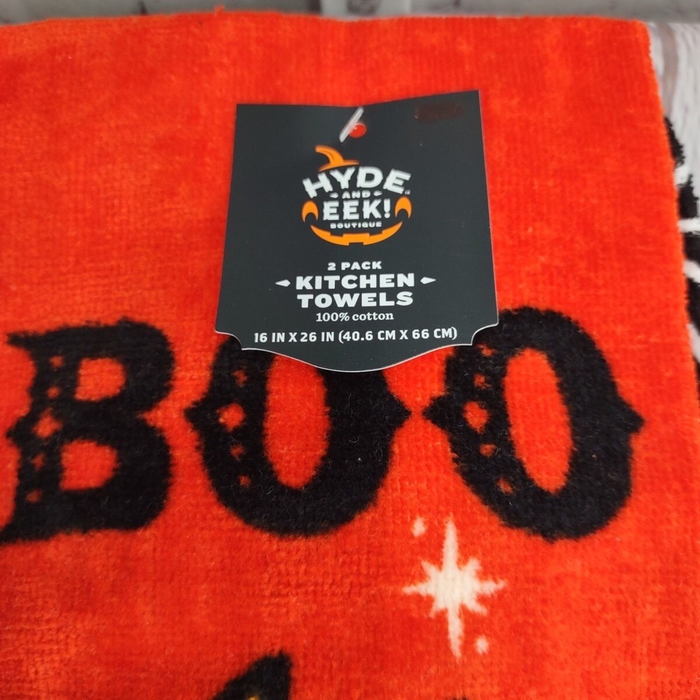 Halloween Kitchen Towels Orange w/Black Cat & Black w/Webs 2pk NWT Hyde and Eek! - Picture 2 of 3